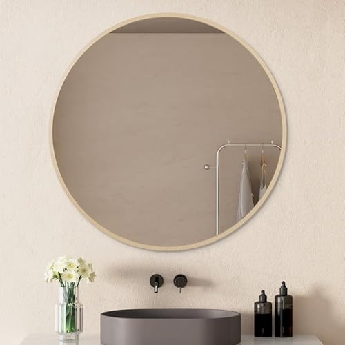 WDWRITTI Rund Spiegel mit Metallrahmen, HD Wandspiegel mit Holzmaserung Badspiegel Schminkspiegel für Badzimmer, Ankleidezimmer oder Wohnzimmer (50cm) von WDWRITTI