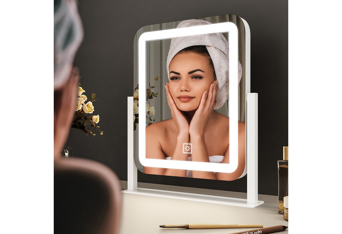 WDWRITTI Schminkspiegel Kosmetikspiegel LED Tisch mit Beleuchtung (Makeup Spiegel Rechteckig, 3Lichtfarben, Helligkeit dimmbar, Touch), 360° Drehbar, HD Umweltschutz Spiegel von WDWRITTI
