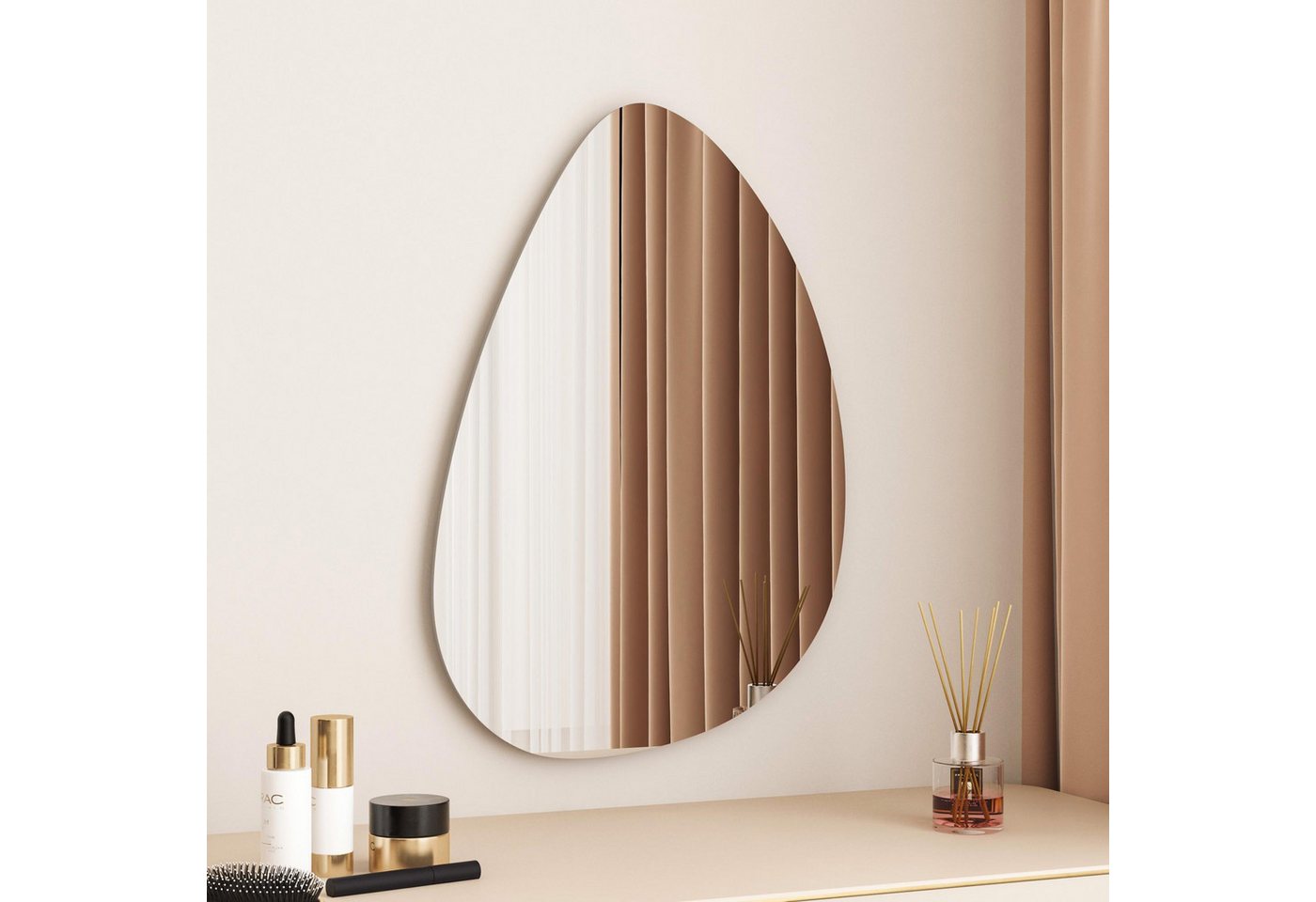 WDWRITTI Schminkspiegel Wand Kosmetikspiegel Wandspiegel Asymmetrisch Rahmenlos Wassertropfen (Dekospiegel Flurspiegel Modern Rahmenlos, 65x90, 55x80, 45x70cm), HD Spiegel mit Splitterschutzfolie von WDWRITTI