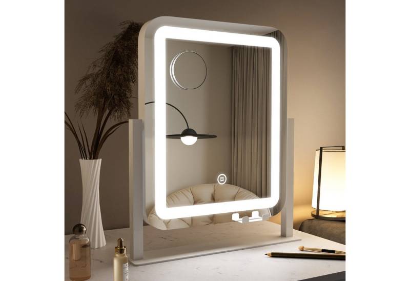 WDWRITTI Schminkspiegel mit Beleuchtung für tisch Kosmetikspiegel 3Lichtfarben Dimmbar Touch (Tischspiegel Rechteckig, mit LED, Touch), HD Kupfer- und bleifreier Spiegel, Stabile Standfuß von WDWRITTI