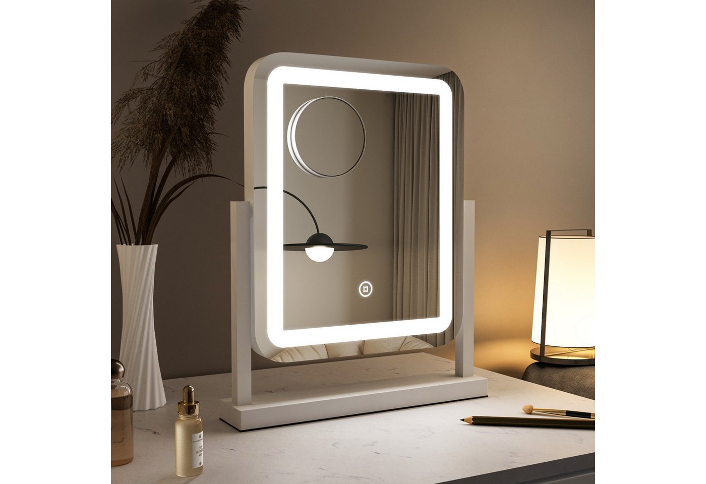 WDWRITTI Schminkspiegel mit Beleuchtung für tisch Kosmetikspiegel 3Lichtfarben Dimmbar Touch (Tischspiegel Rund Rundbogen Rechteckig, mit Touch, LED), HD Kupfer- und bleifreier Spiegel, Stabile Standfuß von WDWRITTI