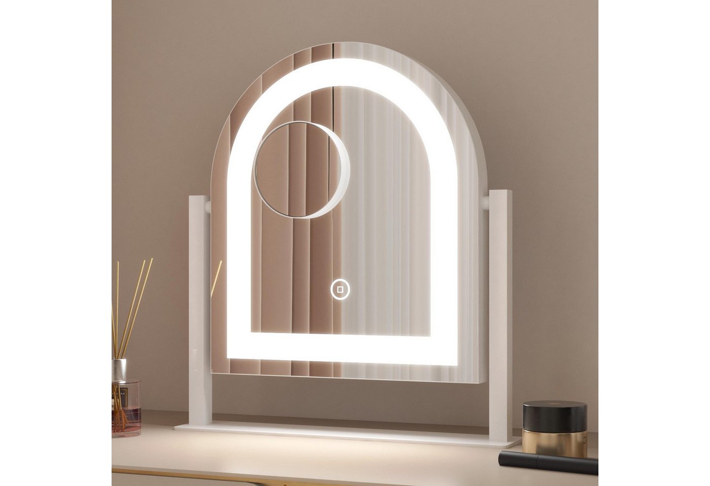 WDWRITTI Schminkspiegel mit beleuchtung Rund Bogen LED Kosmetikspiegel 10x Vergrößerung (Tischspiegel, 3Lichtmodi+Dimmbar+Memory), 360°Drehbar, mit Netzadapter von WDWRITTI
