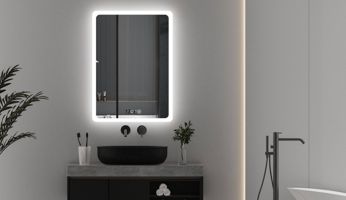 WDWRITTI Spiegel LED Badspiegel 50x70 mit Touch Uhr Dimmbar 3Lichtfarben (Kalt/Neutral/Warmweiß, Speicherfunktion, Wandschalter auswählbar), Energiesparend, IP44 von WDWRITTI