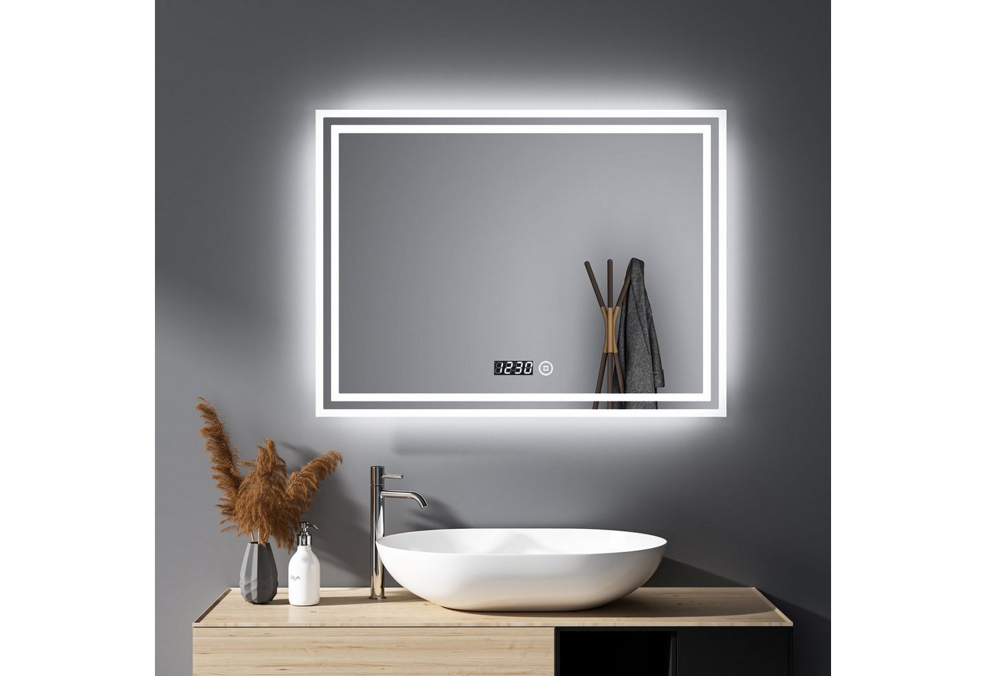 WDWRITTI Spiegel Led Badspiegel 80x60 mit Uhr Touch Dimmbar Kalt/Neutral/Warmweiß (Speicherfunktion, IP44), Wandschalter auswählbar von WDWRITTI