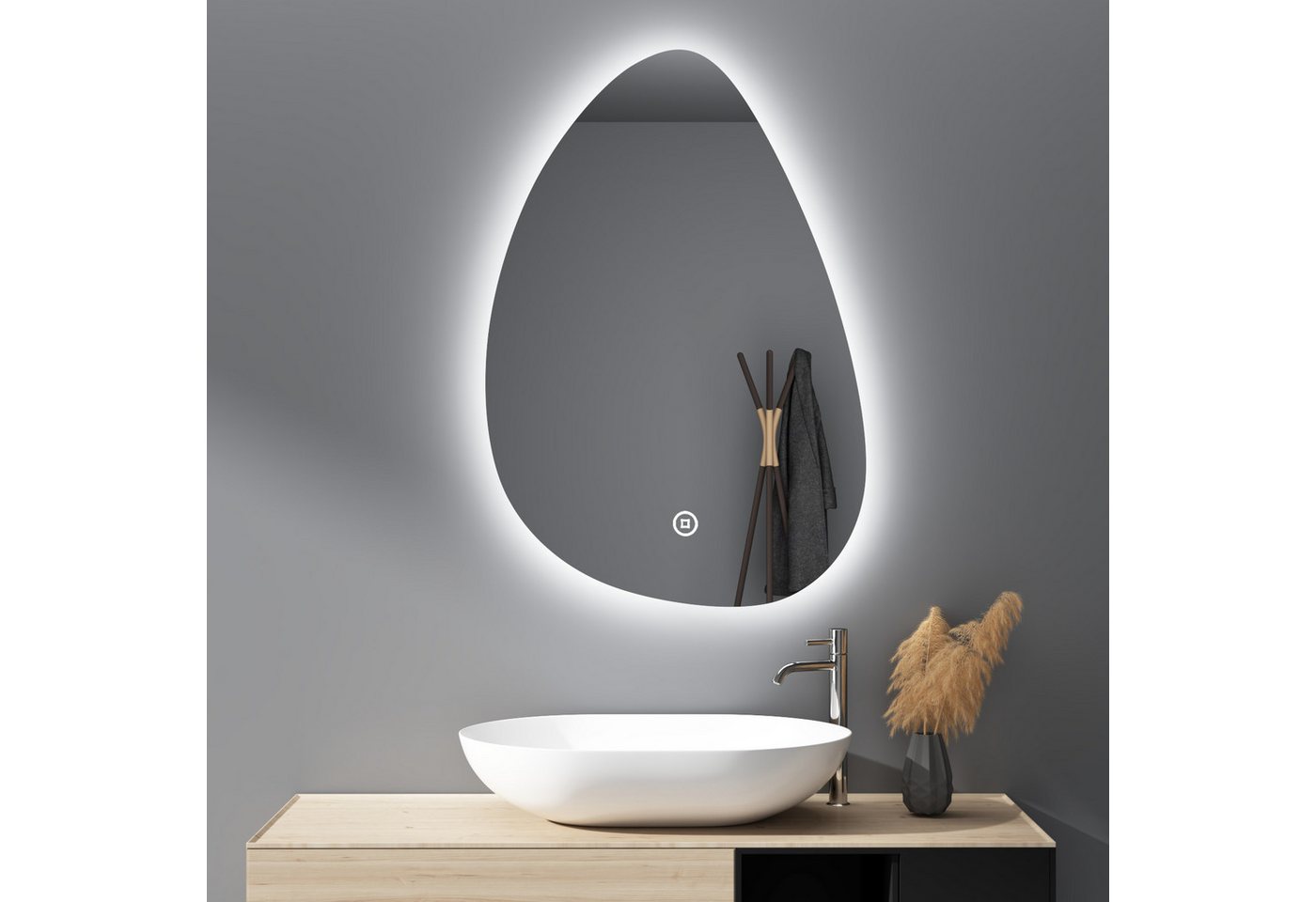 WDWRITTI Spiegel mit beleuchtung LED Badspiegel mit touch Kalt/Neutral/Warmweiß Dimmbar (Asymmetrischer Spiegel Wassertropfen, 55x80cm), Speicherfunktion, IP44 von WDWRITTI