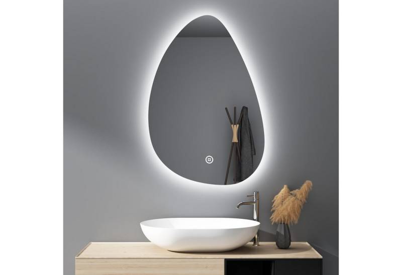 WDWRITTI Spiegel mit beleuchtung LED Badspiegel mit touch Kalt/Neutral/Warmweiß Dimmbar (Asymmetrischer Spiegel Wassertropfen, 55x80cm), Speicherfunktion, IP44 von WDWRITTI
