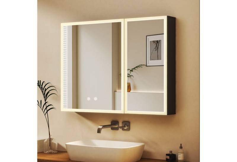 WDWRITTI Spiegelschrank 80 cm breit Aluminium Badezimmerspiegelschrank Schwarz 80x12,5x60cm (Badschrank Wandschrank Hängeschrank, mit 3Lichtmodi, Dimmbar, Anti-fog, Speicherfunktion) Doppelseitiger Spiegel, vormontiert geliefert von WDWRITTI