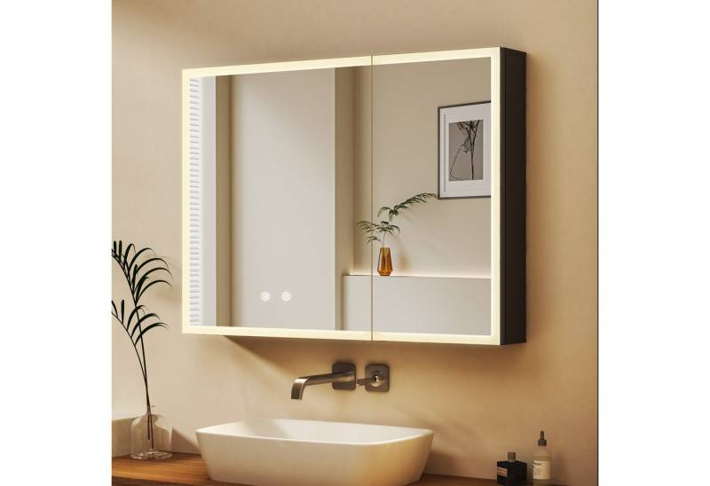 WDWRITTI Spiegelschrank 80 cm breit Aluminium Badezimmerspiegelschrank Schwarz 80x12,5x60cm (Badschrank Wandschrank Hängeschrank, mit 3Lichtmodi, Dimmbar, Anti-fog, Speicherfunktion) Doppelseitiger Spiegel, vormontiert geliefert von WDWRITTI