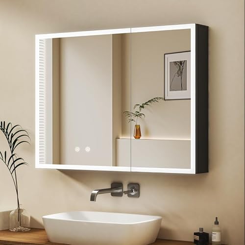 WDWRITTI Spiegelschrank 80x60cm mit Beleuchtung Spiegel, LED Beleuchtung Badschrank mit 3 Farbtemperaturen, Medizinschrank Badezimmerschrank mit Touch, Beschlagfrei und Ablagen von WDWRITTI
