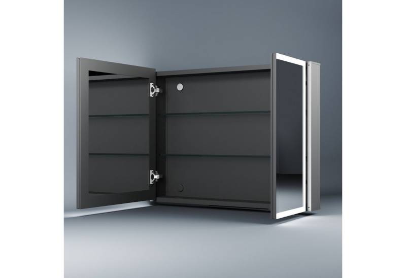 WDWRITTI Spiegelschrank Bad mit Beleuchtung 80 x 60 cm Badezimmerspiegelschrank LED 2 türen (Schrank Schwarz matt, Anti-fog, 3Lichtmodi, Dimmbar, Speicherfunktion, Doppelseitiger Spiegel, Verstellbare Glasböden) Alu-Schranktür, mit Netzadapter von WDWRITTI