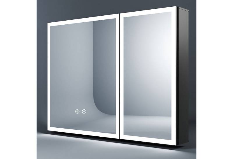 WDWRITTI Spiegelschrank Bad mit Beleuchtung 80 x 60 cm Badezimmerspiegelschrank LED 2 türen (Schrank Schwarz matt, Anti-fog, 3Lichtmodi, Dimmbar, Speicherfunktion, Doppelseitiger Spiegel, Verstellbare Glasböden) Alu-Schranktür, mit Netzadapter von WDWRITTI