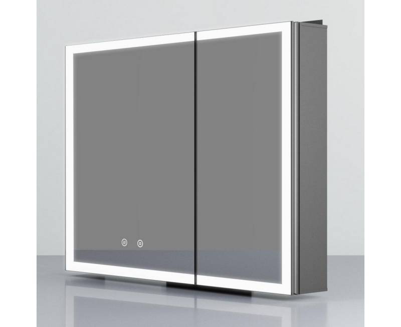 WDWRITTI Spiegelschrank Bad mit Beleuchtung 80 x 60 cm Badezimmerspiegelschrank LED 2 türen (Schrank Schwarz matt, Anti-fog, 3Lichtmodi, Dimmbar, Speicherfunktion, Doppelseitiger Spiegel, Verstellbare Glasböden) Alu-Schranktür, mit Netzadapter von WDWRITTI