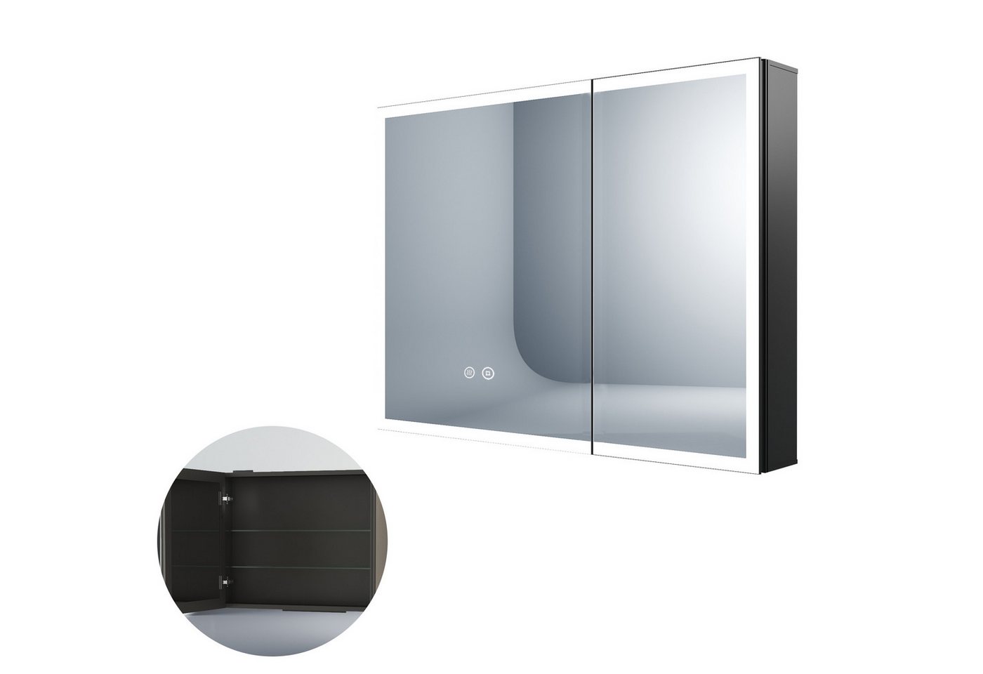 WDWRITTI Spiegelschrank Bad mit Beleuchtung 80 x 60 cm Badezimmerspiegelschrank LED 2 türen (mit / ohne steckdose, Anti-fog, 3Lichtmodi, Dimmbar, Speicherfunktion, Doppelseitiger Spiegel, Verstellbare Glasböden) Alu-Schranktür, mit Netzadapter WDWRITTI Spiegelschrank Bad mit Beleuchtung 80 x 60 cm Badezimmerspiegelschrank LED 2 türen (mit / ohne steckdose, Anti-fog, 3Lichtmodi, Dimmbar, Speicherfunktion, Doppelseitiger Spiegel, Verstellbare Glasböden) Alu-Schranktür, mit Netzadapter von WDWRITTI