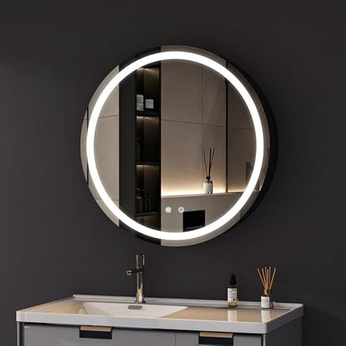 WDWRITTI Spiegelschrank Badezimmerschrank mit Beleuchtung 80x80x13cm, LED Spiegel Hängeschrank mit 3 Farbtemperaturen, Runder Medizinschrank Aufbewahrungsschrank mit Beschlagfrei und Touch von WDWRITTI