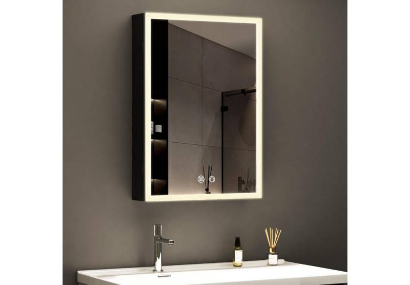 WDWRITTI Spiegelschrank Schwarz mit beleuchtung Hängeschrank Steckdose 3Lichtfarben Dimmbar (Badezimmerspiegelschrank mit LED Anti-fog, Speicherfunktion 1 türen, 50x13x70cm, 40x13x60cm, Doppelseitiger Spiegel, Alu-Schranktür) Full Surround Light Strip, mit Netzadapter von WDWRITTI