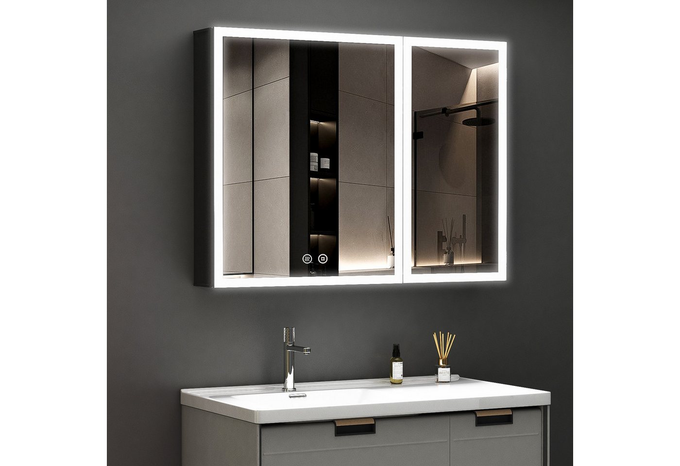 WDWRITTI Spiegelschrank Schwarz mit beleuchtung 3Lichtmodi Dimmbar Kalt/Neutral/Warmweiß (Badezimmerspiegelschrank mit LED 2 türen 80x12,5x60cm, Anti-fog, Speicherfunktion, Doppelseitiger Spiegel, Alu-Schranktür) Full Surround Light Strip, mit Netzadapter WDWRITTI Spiegelschrank Schwarz mit beleuchtung 3Lichtmodi Dimmbar Kalt/Neutral/Warmweiß (Badezimmerspiegelschrank mit LED 2 türen 80x12,5x60cm, Anti-fog, Speicherfunktion, Doppelseitiger Spiegel, Alu-Schranktür) Full Surround Light Strip, mit Netzadapter von WDWRITTI