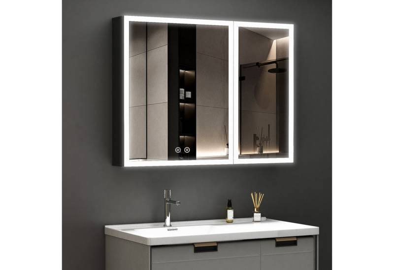 WDWRITTI Spiegelschrank Schwarz mit beleuchtung 3Lichtmodi Dimmbar Kalt/Neutral/Warmweiß (Badezimmerspiegelschrank mit LED 2 türen 80x12,5x60cm, Anti-fog, Speicherfunktion, Doppelseitiger Spiegel, Alu-Schranktür) Full Surround Light Strip, mit Netzadapter von WDWRITTI