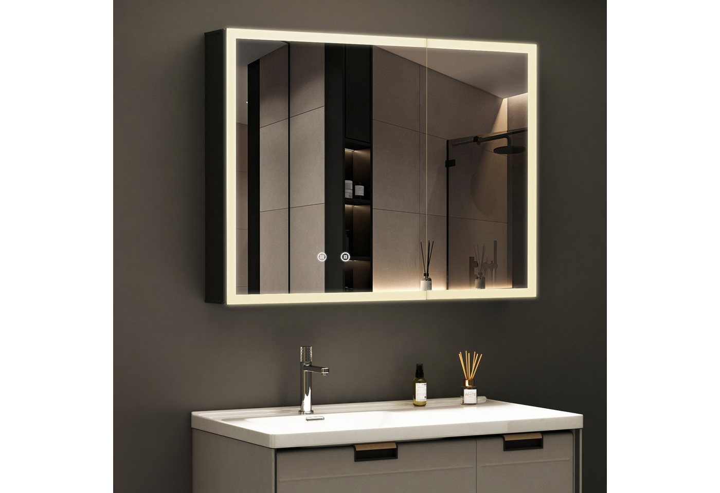 WDWRITTI Spiegelschrank Schwarz mit beleuchtung 3Lichtmodi Dimmbar Kalt/Neutral/Warmweiß (Badezimmerspiegelschrank mit LED 2 türen 80x12,5x60cm, Anti-fog, Speicherfunktion, Doppelseitiger Spiegel, Alu-Schranktür) Full Surround Light Strip, mit Netzadapter WDWRITTI Spiegelschrank Schwarz mit beleuchtung 3Lichtmodi Dimmbar Kalt/Neutral/Warmweiß (Badezimmerspiegelschrank mit LED 2 türen 80x12,5x60cm, Anti-fog, Speicherfunktion, Doppelseitiger Spiegel, Alu-Schranktür) Full Surround Light Strip, mit Netzadapter von WDWRITTI