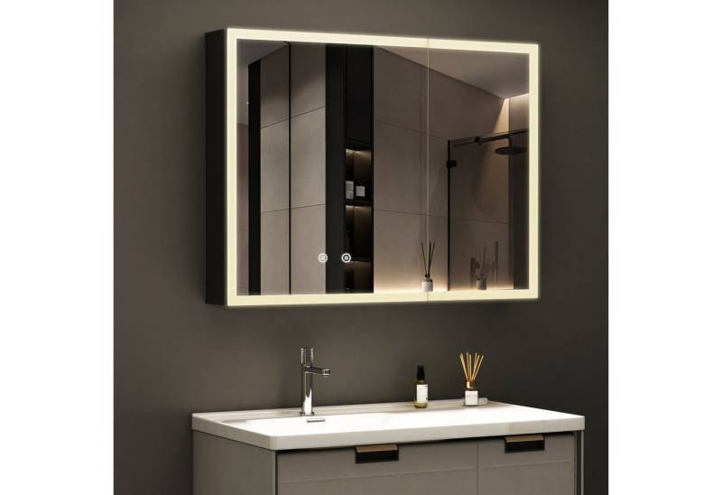 WDWRITTI Spiegelschrank Schwarz mit beleuchtung 3Lichtmodi Dimmbar Kalt/Neutral/Warmweiß (Badezimmerspiegelschrank mit LED 2 türen 80x12,5x60cm, Anti-fog, Speicherfunktion, Doppelseitiger Spiegel, Alu-Schranktür) Full Surround Light Strip, mit Netzadapter von WDWRITTI