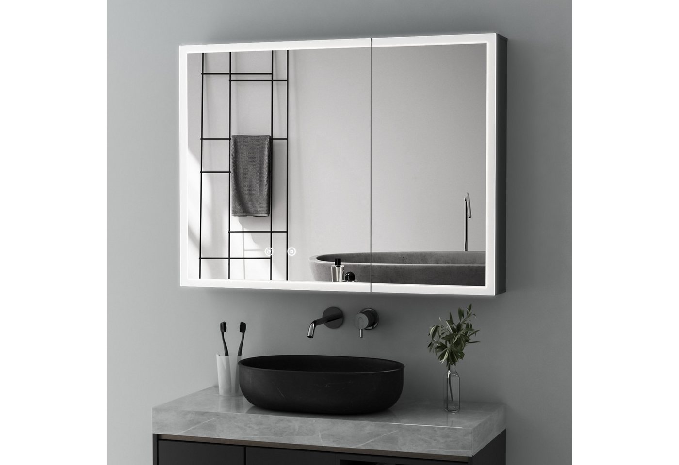 WDWRITTI Spiegelschrank Schwarz mit beleuchtung 3Lichtmodi Dimmbar Kalt/Neutral/Warmweiß (Badezimmerspiegelschrank mit LED 2 türen 80x12,5x60cm, Anti-fog, Speicherfunktion, Doppelseitiger Spiegel, Alu Schrank) Full Surround Light Strip, mit Netzadapter WDWRITTI Spiegelschrank Schwarz mit beleuchtung 3Lichtmodi Dimmbar Kalt/Neutral/Warmweiß (Badezimmerspiegelschrank mit LED 2 türen 80x12,5x60cm, Anti-fog, Speicherfunktion, Doppelseitiger Spiegel, Alu Schrank) Full Surround Light Strip, mit Netzadapter von WDWRITTI