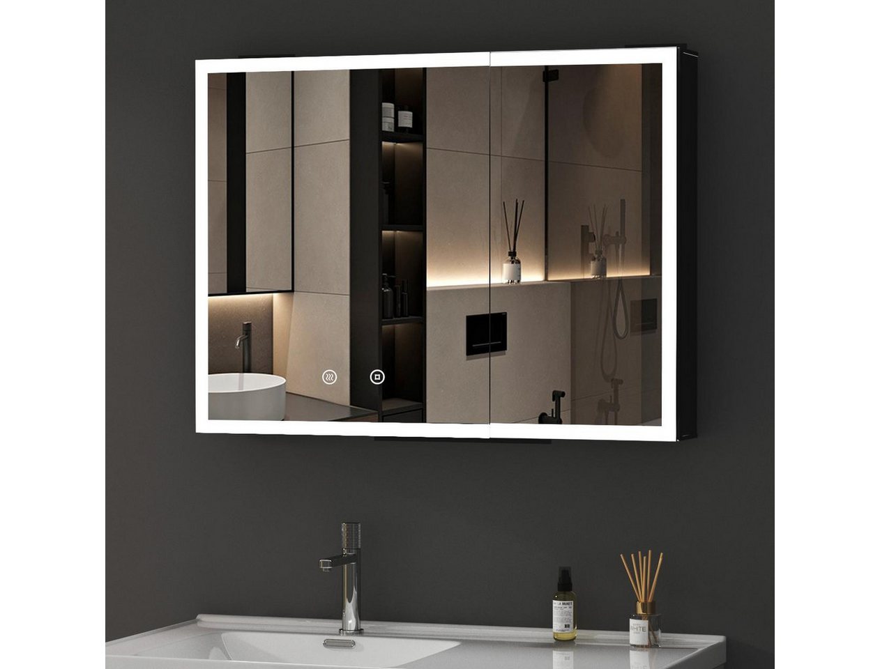 WDWRITTI Spiegelschrank Schwarz mit beleuchtung 3Lichtmodi Dimmbar Kalt/Neutral/Warmweiß (Badezimmerspiegelschrank mit LED 2 türen 80x12,5x60cm, Anti-fog, Speicherfunktion, Doppelseitiger Spiegel, Alu-Schranktür) Full Surround Light Strip, mit Netzadapter WDWRITTI Spiegelschrank Schwarz mit beleuchtung 3Lichtmodi Dimmbar Kalt/Neutral/Warmweiß (Badezimmerspiegelschrank mit LED 2 türen 80x12,5x60cm, Anti-fog, Speicherfunktion, Doppelseitiger Spiegel, Alu-Schranktür) Full Surround Light Strip, mit Netzadapter von WDWRITTI