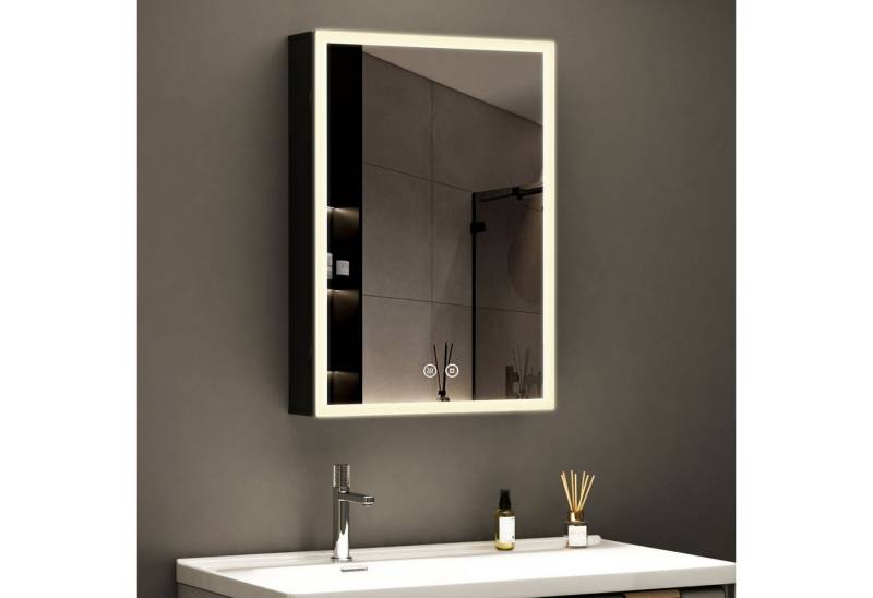 WDWRITTI Spiegelschrank Schwarz mit beleuchtung Hängeschrank 3Lichtfarben Dimmbar Anti-fog (Badezimmerspiegelschrank mit LED mit / ohnne Rasiersteckdose, Speicherfunktion, 1 türen 50x70cm, 40x60cm, Doppelseitiger Spiegel, Alu-Schranktür) Full Surround Light Strip, mit Netzadapter von WDWRITTI