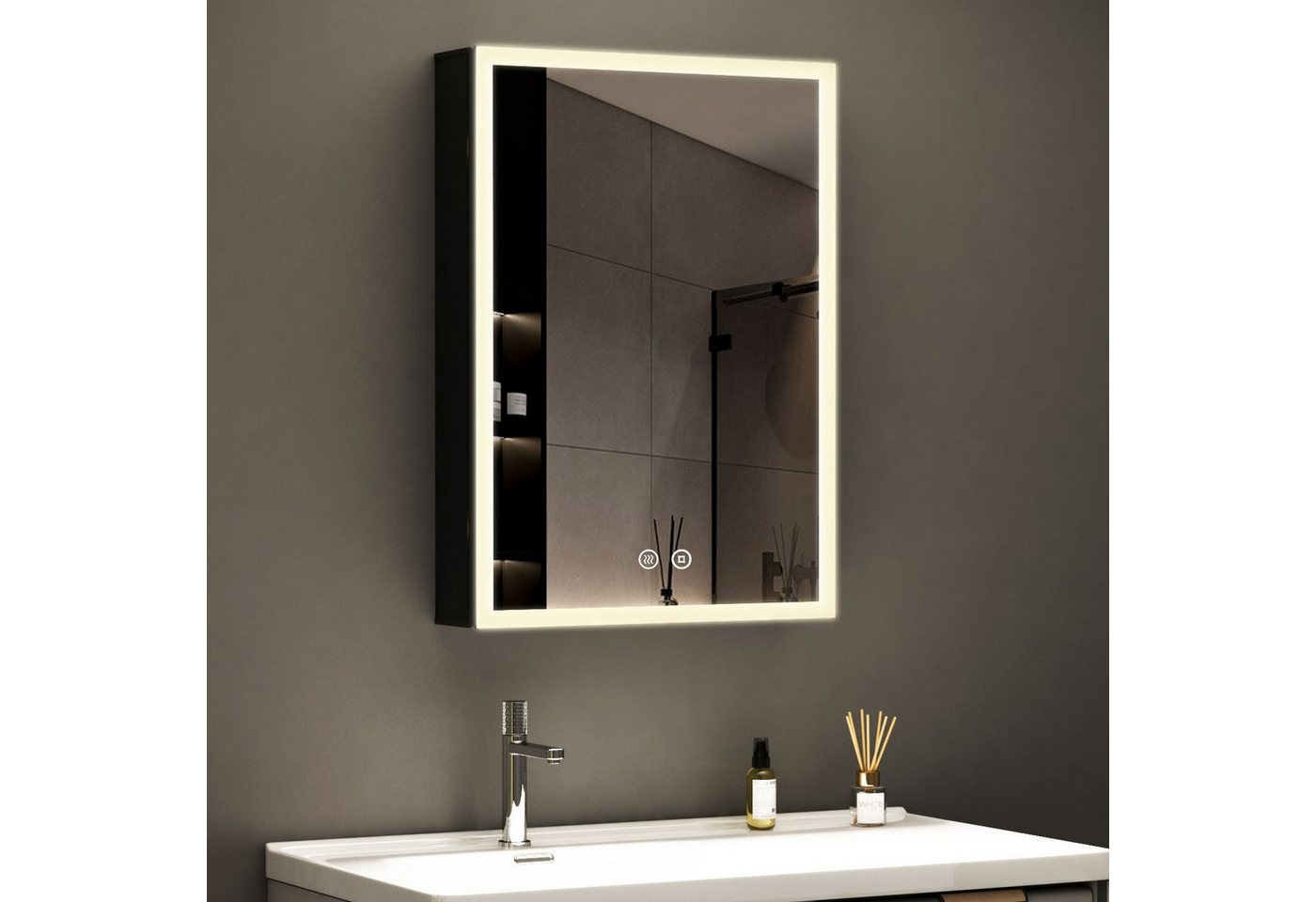 WDWRITTI Spiegelschrank Schwarz mit beleuchtung Hängeschrank 3Lichtfarben Dimmbar Anti-fog (Badezimmerspiegelschrank mit LED mit / ohnne Rasiersteckdose, Speicherfunktion, 1 türen 50x70cm, 40x60cm, Doppelseitiger Spiegel, Alu-Schranktür) Full Surround Light Strip, mit Netzadapter von WDWRITTI