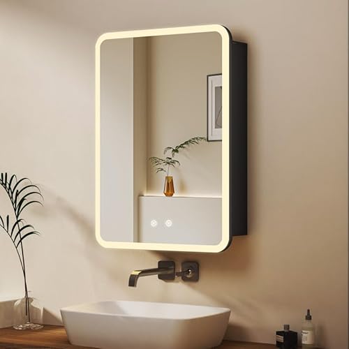 WDWRITTI Spiegelschrank mit Beleuchtung 40x60cm LED Badezimmerschrank, Dimmbar Bad Spiegel Badschrank Abgerundete Ecke Medizinschrank mit Anti-Beschlag-Funktion, 2 Glasablage von WDWRITTI