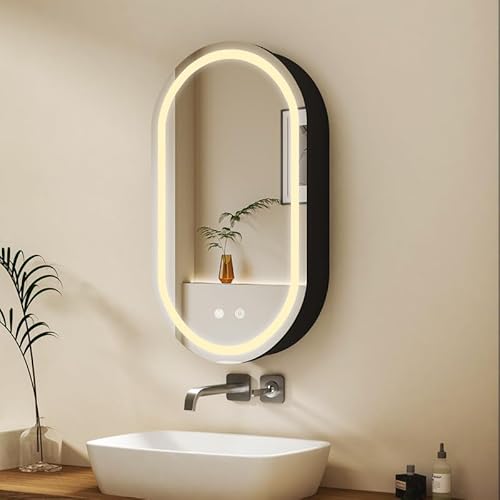 WDWRITTI Spiegelschrank mit Beleuchtung 40x70cm LED Badezimmerschrank, Dimmbar Bad Spiegel Badschrank Landebahntyp Medizinschrank mit Anti-Beschlag-Funktion von WDWRITTI