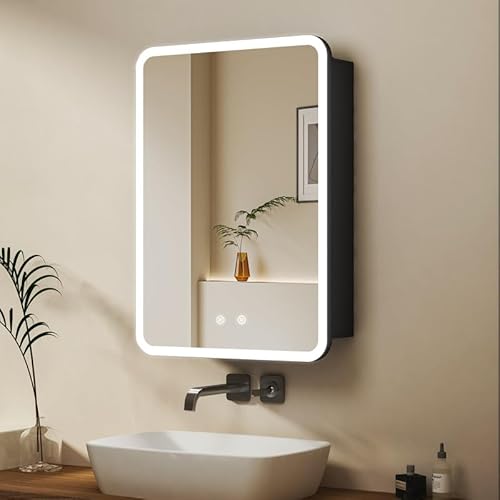 WDWRITTI Spiegelschrank mit Beleuchtung 60x40cm Medizinschrank mit Spiegel, LED Badschrank mit Speicher 3-Farben Modus, Hängeschrank mit Glasablage, Badezimmerschrank mit Touch, Beschlagfrei von WDWRITTI