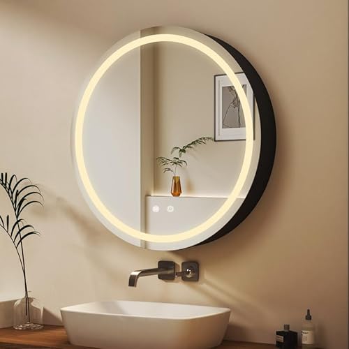 WDWRITTI Spiegelschrank mit Beleuchtung 60x60cm LED Badezimmerschrank, Dimmbar Bad Spiegel Badschrank Runder Medizinschrank mit Anti-Beschlag-Funktion, Steckdose von WDWRITTI