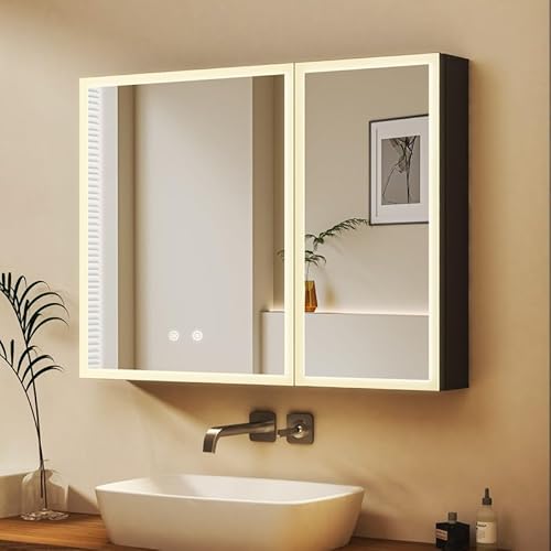 WDWRITTI Spiegelschrank mit Beleuchtung 60x80cm LED Badezimmerschrank, Dimmbar Bad Spiegel Badschrank Medizinschrank mit Anti-Beschlag-Funktion, 2 Glasablage von WDWRITTI