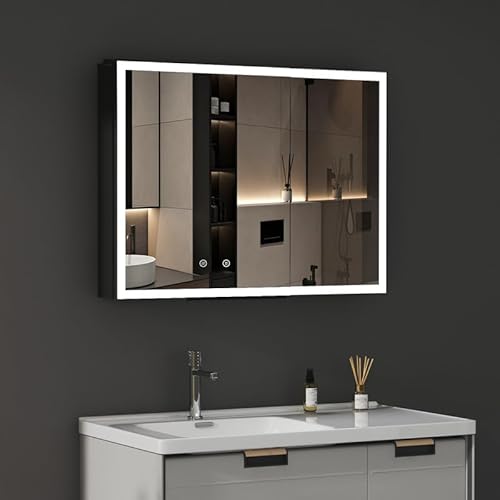 WDWRITTI Spiegelschrank mit Beleuchtung 60x80x12.5cm LED Badezimmerschrank, Medizinschrank Badezimmer Hängeschrank mit Spiegel mit 3-Farben Dimmbar, Beschlagfrei Spiegelschrank von WDWRITTI