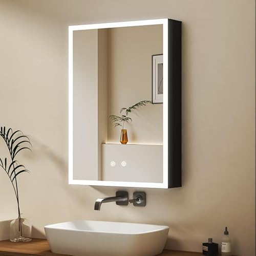WDWRITTI Spiegelschrank mit Beleuchtung 70x50cm Medizinschrank mit Spiegel, LED Badschrank mit Speicher 3-Farben Modus, Hängeschrank mit Glasablage, Badezimmerschrank mit Touch, Beschlagfrei von WDWRITTI