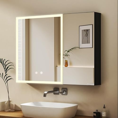 WDWRITTI Spiegelschrank mit Beleuchtung 80x60cm Medizinschrank mit Spiegel, LED Badschrank Linke Schranktür mit Speicher 3-Farben Modus, Hängeschrank mit Glasablage, Badezimmerschrank mit Touch von WDWRITTI