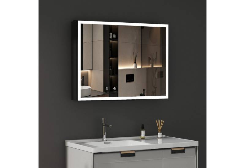 WDWRITTI Spiegelschrank mit Beleuchtung LED Spiegelschrank Bad mit beleuchtung 80x60x12,5cm (Badezimmerspiegelschrank mit licht, Anti-fog, 3Lichtmodi, Dimmbar, Speicherfunktion) Doppelseitiger Spiegel, Alu-Schranktür, mit Netzadapter von WDWRITTI
