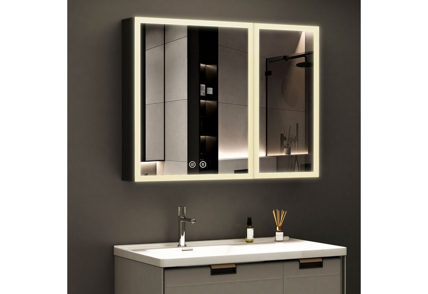 WDWRITTI Spiegelschrank mit beleuchtung 3Lichtmodi Dimmbar Badezimmerspiegelschrank LED 80x60 (Aluminium LED Wandschrank Hängeschrank Schwarz 2 türig, Speicherfunktion, Doppelseitiger Spiegel) Soft-Close-Funktion, IP44, mit Netzstecker von WDWRITTI