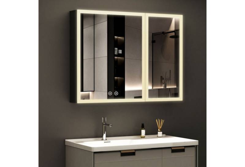 WDWRITTI Spiegelschrank mit beleuchtung 3Lichtmodi Dimmbar Badezimmerspiegelschrank LED 80x60 (Aluminium LED Wandschrank Hängeschrank Schwarz 2 türig, Speicherfunktion, Doppelseitiger Spiegel) Soft-Close-Funktion, IP44, mit Netzstecker von WDWRITTI