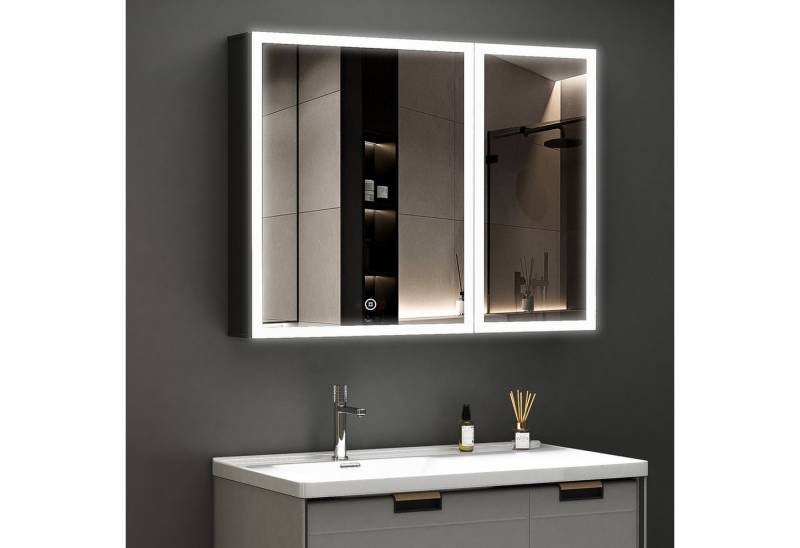 WDWRITTI Spiegelschrank mit beleuchtung 3Lichtmodi Dimmbar Badezimmerspiegelschrank LED 80x60 (Aluminium LED Wandschrank Hängeschrank Schwarz 2 türig, Speicherfunktion, Doppelseitiger Spiegel) Soft-Close-Funktion, IP44, mit Netzstecker von WDWRITTI