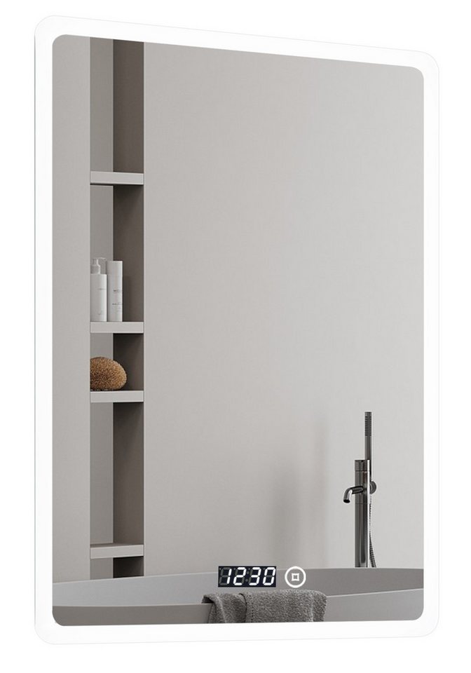 WDWRITTI Wandspiegel 50x70 Spiegel mit beleuchtung Kalt / Neutral / Warmweiß Uhr Dimmbar (LED Badspiegel mit touch, Speicherfunktion), Energiesparende, IP44 von WDWRITTI