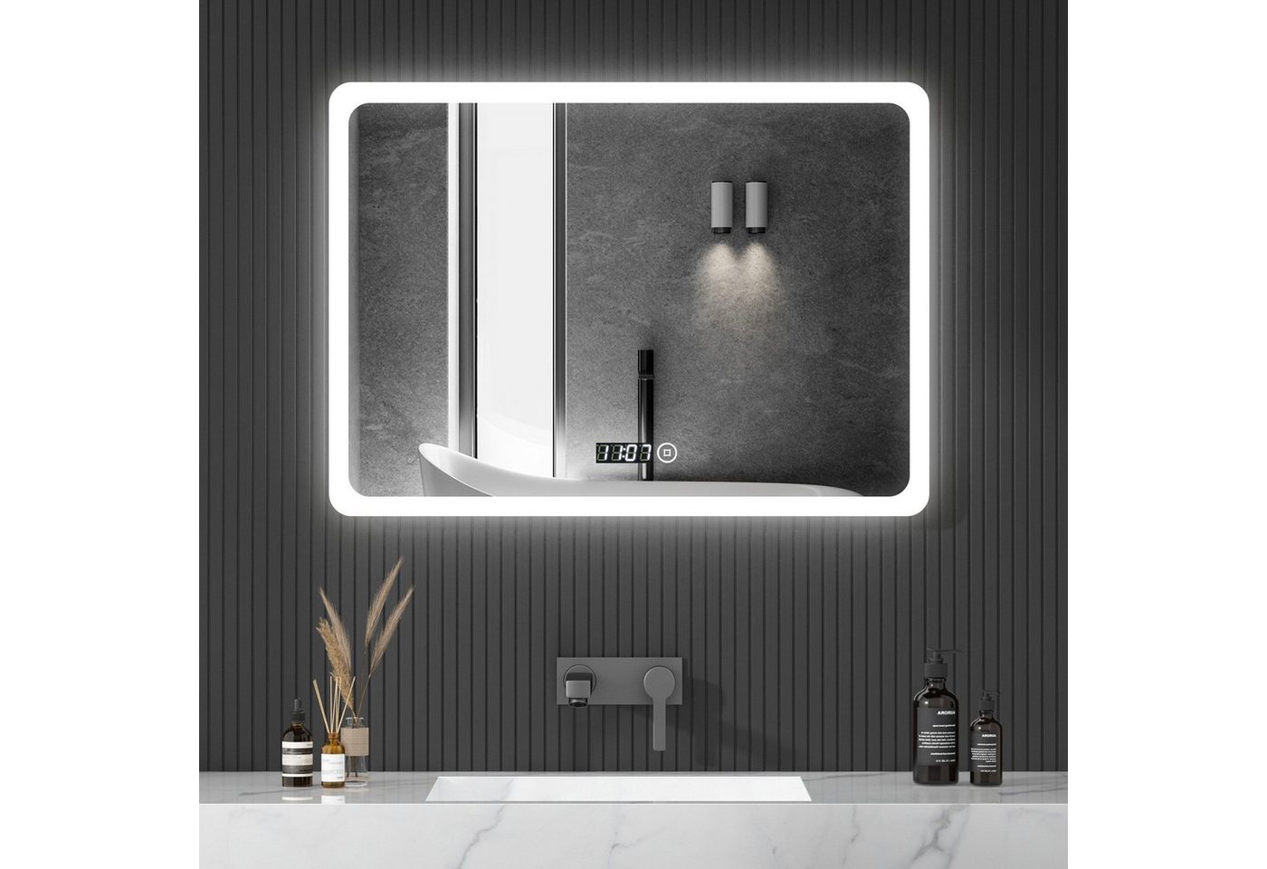 WDWRITTI Wandspiegel 80x60 Spiegel mit beleuchtung Kalt / Neutral / Warmweiß Uhr Dimmbar (LED Badspiegel mit touch, Speicherfunktion), Energiesparende, IP44 von WDWRITTI