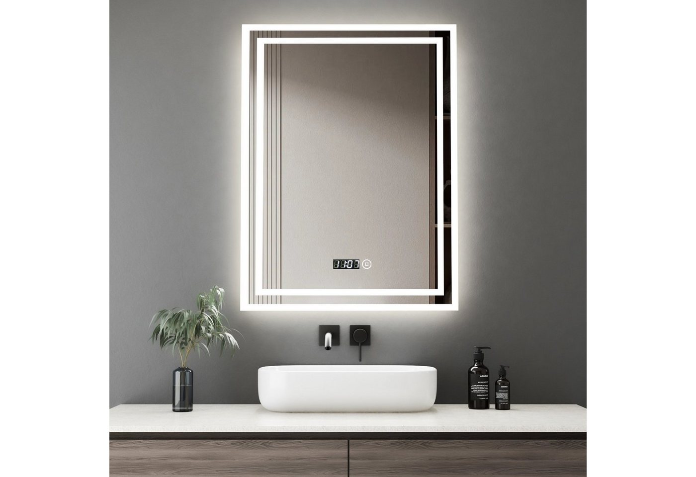 WDWRITTI Wandspiegel Badspiegel Led 50x70 mit Uhr 3Lichtfarben Helligkeit dimmbar (Spiegel mit beleuchtung, Speicherfunktion), Energiesparend, IP44 von WDWRITTI