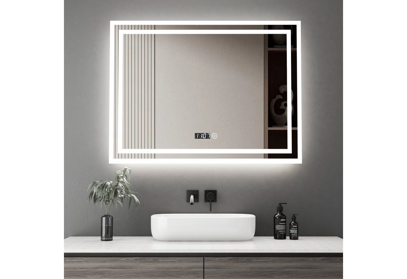 WDWRITTI Wandspiegel Badspiegel Led 80x60 mit Uhr 3Lichtfarben Helligkeit dimmbar (Spiegel mit beleuchtung, Speicherfunktion), Energiesparend, IP44 von WDWRITTI