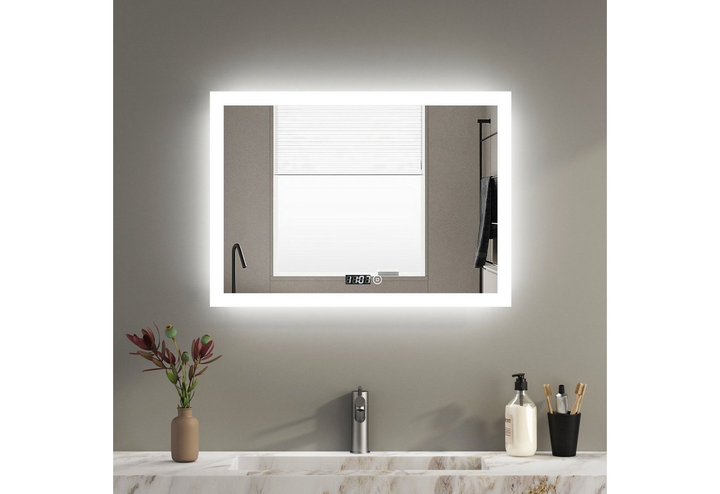 WDWRITTI Wandspiegel LED Badspiegel 80x60 Uhr Touch 3Lichtfarben Dimmbar Speicherfunktion (Wandspiegel mit Beleuchtung, 3000K/4000K/6500K), Energiesparende, IP44 von WDWRITTI