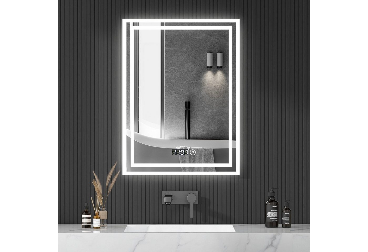 WDWRITTI Wandspiegel LED Spiegel Badspiegel 50x70 mit Uhr Touch Kalt/Neutral/Warmweiß (Dimmbar, Speicherfunktion), Energiesparende, IP44 von WDWRITTI