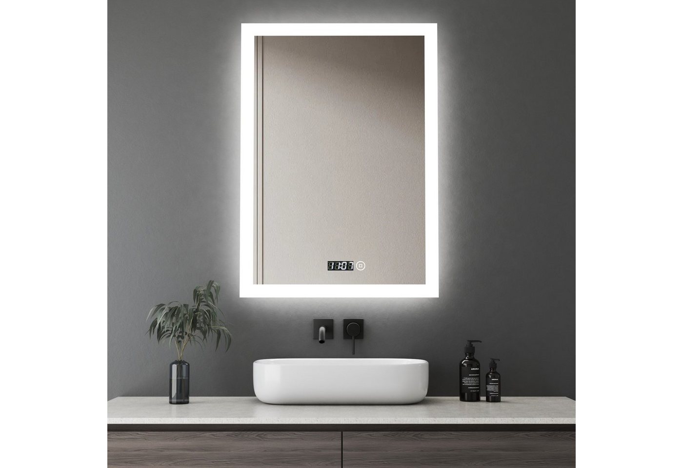WDWRITTI Wandspiegel Led Badspiegel 50x70 mit Uhr 3Lichtfarben Dimmbar Speicherfunktion (Spiegel mit beleuchtung, Kalt/Neutral/Warmweiß), Touch, Wandschalter, Energiesparend von WDWRITTI