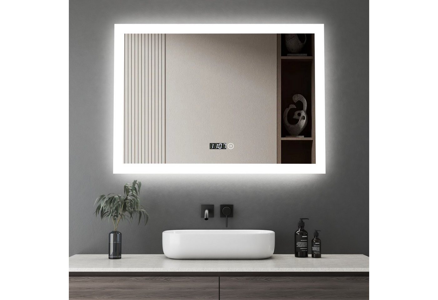 WDWRITTI Wandspiegel Led Badspiegel 80x60 mit Uhr 3Lichtfarben Dimmbar Speicherfunktion (Spiegel mit beleuchtung, Kalt/Neutral/Warmweiß), Touch, Wandschalter, Energiesparend von WDWRITTI