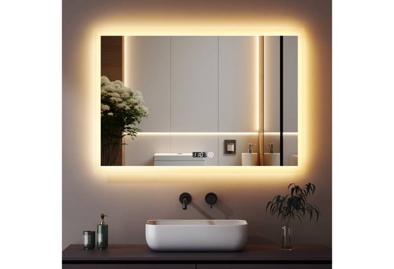 WDWRITTI Wandspiegel Led Badspiegel 80x60 mit Uhr 3Lichtfarben Dimmbar Speicherfunktion (Spiegel mit beleuchtung, Kalt/Neutral/Warmweiß), Touch, Wandschalter, Energiesparend von WDWRITTI