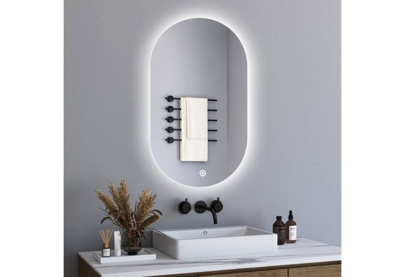 WDWRITTI Wandspiegel mit beleuchtung Badspiegel LED Touch Modern Dreifarbiges Dimmbar (LED Spiegel Bad, Rundbogen, 90x50cm), LED Multifunktionspiegel von WDWRITTI