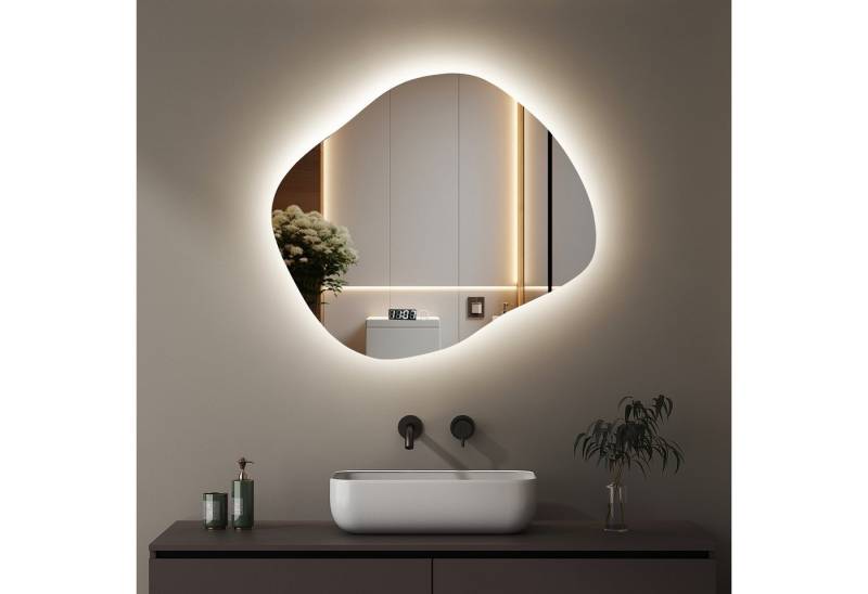 WDWRITTI Wandspiegel mit beleuchtung Badspiegel LED Touch Modern Dreifarbiges Dimmbar (LED Spiegel Bad Schminkspiegel Dekospiegel, Wolke, Wassertropfen, Stein), LED Multifunktionspiegel, Asymmetrisch Spiegel von WDWRITTI